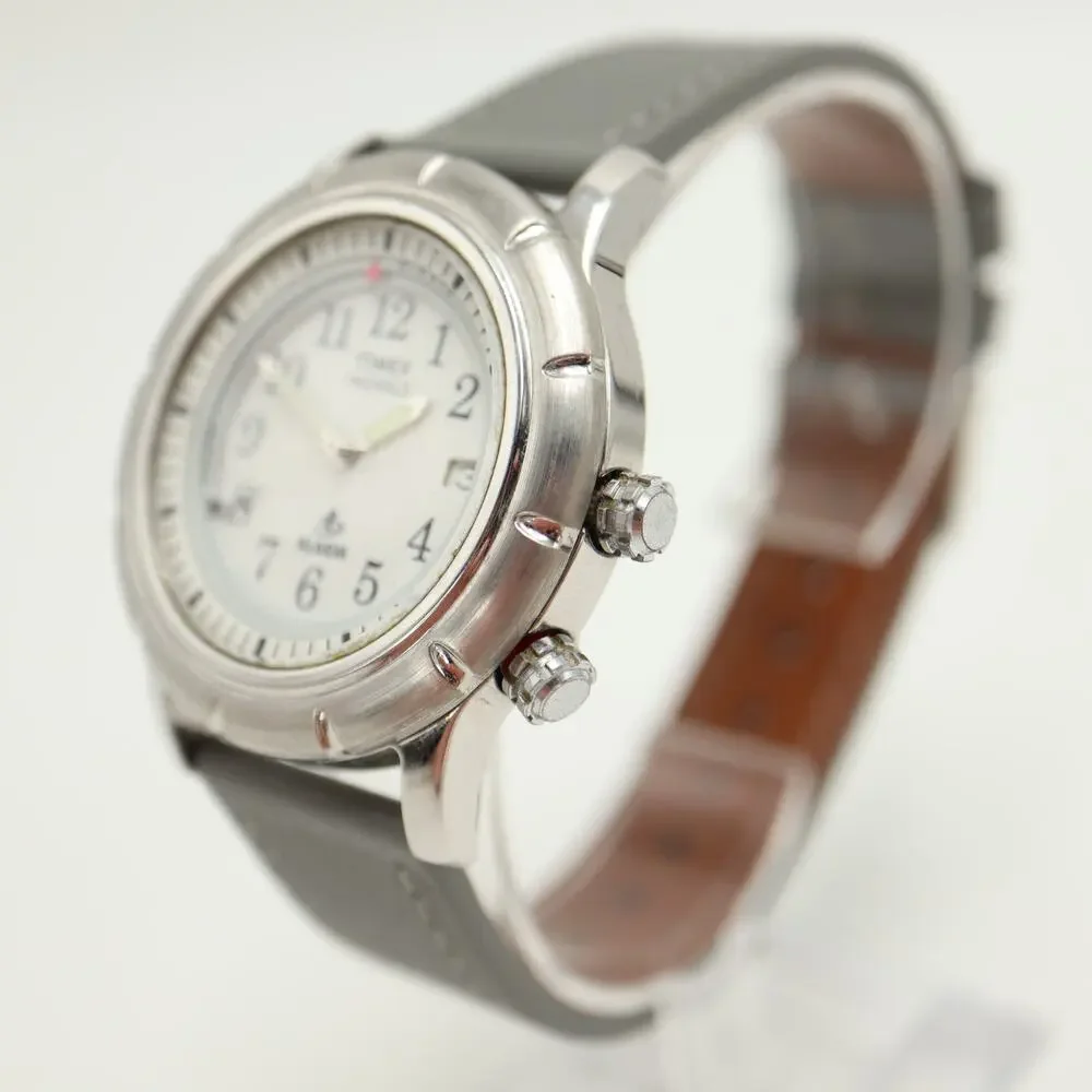 Timex Shenmue Alarm Silver Tone 39mm Watch Indiglo Gray Leather w New Battery